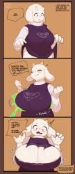 alphys big_breasts boob_window breast_expansion breasts comic dialogue expansion huge_breasts kyurisawa ripped_clothing science_fiction tearing_open_top text toriel undertale undertale_(series) wardrobe_malfunction