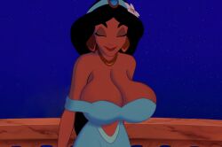 accurate_art_style aladdin arabian_clothes arabian_female big_breasts black_hair busty byleths200 cleavage dark_hair dark_skin disney disney_princess earrings edit edited female huge_breasts jewelry princess princess_jasmine royalty screencap screenshot_edit solo solo_focus top_heavy