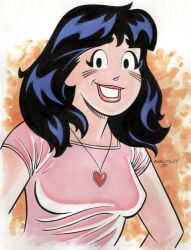 1girls archie_comics awalmsley betty_and_veronica black_hair breasts female female_only fully_clothed hands_on_hips heart_necklace looking_at_viewer pink_shirt small_breasts smiling_at_viewer solo veronica_lodge