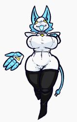 aegisofdarkness anthro big_breasts blue_hair boots bottomless breasts clothed clothing deltarune female floating_hands footwear genitals hair hand_on_breast heart hi_res machine mammal navel pussy robot solo tasque_manager_(deltarune) thick_thighs tight_clothing topwear undertale_(series) wide_hips yellow_eyes