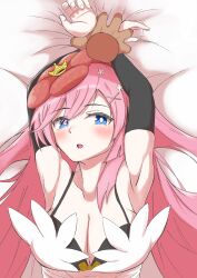 1girls armpits bed blue_eyes blush duel_monster pink_hair pinned pinned_down pinned_to_bed traptrix traptrix_rafflesia yu-gi-oh!