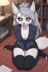 1girls ai_generated anthro black_pupils black_skirt black_stockings books bookshelf cleavage demon ear_fluff eyelashes female_only furry hands_in_lap hellhound helluva_boss legs_together light_blush long_hair looking_at_viewer loona_(helluva_boss) office office_lady office_uniform pixai red_sclera round_breasts silver_hair sitting_on_floor snout tail thick_thighs tongue_out wekilled_god white_eyes wolf_ears