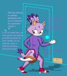 abdl anthro_cat blaze_the_cat cat_girl dialog dialogue diaper diapered dressed full_diaper infantilism messy messy_diaper mswedgie123 no_pants no_sex purple_fur scat sonic_(series) sonic_the_hedgehog_(series) spanish_text squishing squishing_diaper translation_request