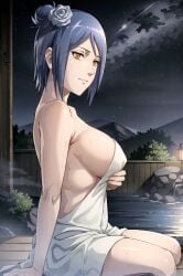 ai_generated barely_clothed bathhouse big_breasts blue_hair female female_focus flower flower_in_hair hair_ornament hot_spring konan large_breasts long_hair looking_at_viewer nai_diffusion naruto naruto_(series) naruto_shippuden onsen orange_eyes outdoors partially_submerged sideboob sitting solo stable_diffusion steam towel towel_only voluptuous water wet wet_body