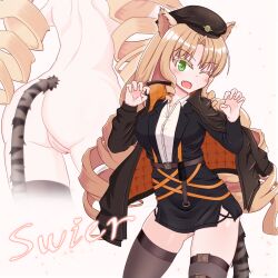animal_ears arknights black_headwear blonde_hair blush breasts curly_hair female fseit4 green_eyes highres looking_at_viewer medium_breasts oerba_yun_fang pussy skin_fang solo swire_(arknights) tail thighhighs tiger_ears tiger_girl tiger_tail