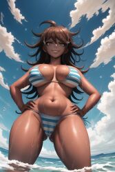 ai_generated beach big_breasts bikini brown_hair cleavage danganronpa danganronpa_2:_goodbye_despair dark-skinned_female dark_skin fit_female from_below hands_on_hips huge_breasts large_breasts looking_at_viewer looking_down messy_hair n.c.b_ai ocean owari_akane pov stable_diffusion striped_bikini thick_thighs tight_clothing wet wet_skin wide_hips