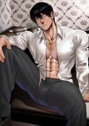 abs bulge bulge_through_clothing clothed clothed_male dark_hair dress_pants facial_scar hand_on_knee jujutsu_kaisen knee_up lip_scar looking_to_the_side male manspreading muscular_male necklace open_shirt pectoral_bulge scar shirt sitting sitting_on_couch solo solo_male suyohara toji_fushiguro wallpaper_(decoration) white_shirt