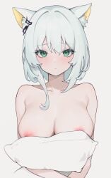 absurdres animal_ear_fluff animal_ears arknights asymmetrical_hair blue_hair breasts cat_ears closed_mouth collarbone female green_eyes hair_between_eyes hair_ornament hairclip highres juejue kal'tsit_(arknights) large_breasts light_blue_hair light_blush light_frown looking_at_viewer medium_hair nipples nude object_hug pillow pillow_hug simple_background straight-on upper_body white_background white_hair