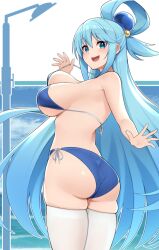 aqua_(konosuba) ass bare_shoulders bikini blue_bikini blue_eyes blue_hair blush breasts female hair_ornament highres jampen kono_subarashii_sekai_ni_shukufuku_wo! large_breasts long_hair looking_at_viewer looking_back open_mouth sidelocks single_hair_ring smile solo strap_pull swimsuit thighhighs thighs white_thighhighs