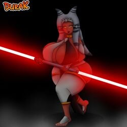 ahsoka_tano big_ass big_breasts clothed durak female female_only huge_breasts inner_sideboob laser_sword no_bra sideboob star_wars text togruta