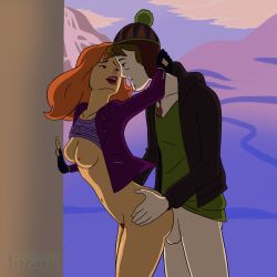 1boy 1girls breasts chill_out,_scooby-doo! daphne_blake doggy_style female human male male/female orange_hair romantic_sex rysujoncyogur scooby-doo scooby-doo_(series) shaggy_rogers straight straight_sex