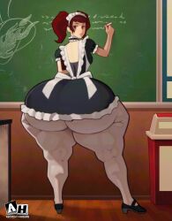 1girls ass big_ass bottom_heavy brown_hair bubble_butt chalk chalkboard classroom clothing fat_ass female female_only huge_ass ignantastro indoors large_ass looking_at_viewer looking_back maid maid_uniform persona persona_5 sadayo_kawakami solo teacher thick_ass thick_thighs thunder_thighs wide_hips