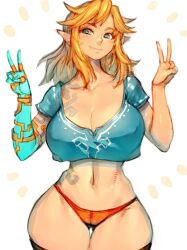 1girls big_breasts blonde_hair cameltoe cleavage crop_top double_v female female_only fumio_(rsqkr) genderswap genderswap_(mtf) hylian hylian_ears link markings midriff nintendo panties peace_sign pointy_ears prosthetic_arm rauru's_arm rule_63 smile stockings tears_of_the_kingdom the_legend_of_zelda thick_thighs v_sign