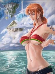 1girls areola_slip belly belly_button big_breasts breasts cloud clouds female female_only floating_island instagram_username island looking_at_viewer midriff nami navel one_piece one_piece_film_strong_world orange_hair pre-timeskip short_hair short_shorts shorts shoulder_tattoo skimpy skimpy_clothes solo tako_art tattoo toned toned_female underboob water