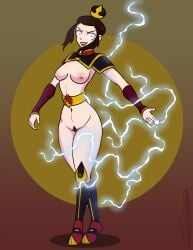 1girls adler_schwarz armor armored_boots avatar_the_last_airbender azula belt brown_hair crazy_eyes exposed_breasts hair_bun hair_ornament happy lightning pale_skin partially_clothed partially_clothed_female pubic_hair small_breasts solo_female solo_focus tiara yellow_eyes