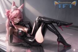 1girls ai_generated animal_ears bodysuit choker cute fangs fate/grand_order fate_(series) female fox_ears fox_girl fox_humanoid fox_tail fringe glasses high_heel_boots high_heels koyanskaya koyanskaya_(assassin) koyanskaya_(assassin_first_ascension) koyanskaya_(fate) latex light-skinned_female long_hair looking_at_viewer pale-skinned_female petite pink_hair ponytail seductive_look slim teenager touchfluffytails yellow_eyes