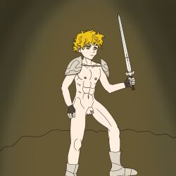 armor blonde_hair boots cyles_cinning flaccid flaccid_penis freckles gloves green_eyes grower_not_a_shower male_only mostly_naked mostly_nude naked orange_hair original_character self_upload skinny sword young