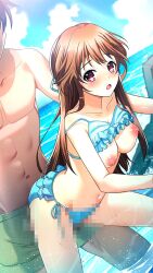 1boy bare_arms bare_legs bikini blue_bikini blue_ribbon blush brown_hair censored collarbone day doukyuusei_another_world female frilled_bikini frills game_cg green_male_swimwear hair_ribbon kakyuusei long_hair male_swimwear mosaic_censoring navel nipples ocean open_mouth outdoors red_eyes ribbon sex sex_from_behind side-tie_bikini_bottom solo_focus straight summer swimsuit very_long_hair yuuki_mizuho