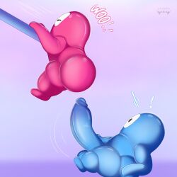 2boys 4_fingers big_ass big_balls big_butt big_penis erect_penis erection exclamation_point fall_guy fall_guys gay heart hi_res huge_cock imminent_sex male male_only penis pink_body simple_background sweatdrop text thick_thighs watermark wide_hips yamwamm