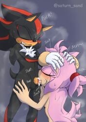 amy_rose blush breasts cum cum_in_mouth ejaculation fellatio female gritted_teeth male musk_clouds nude nude_female oral_sex penis ponytail saturn_sand shadow_the_hedgehog small_breasts sonic_(series) steam sweat tailwag