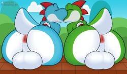 anthro anus ass backsack balls big_balls big_butt blush duo euphorica gay genitals hi_res kissing making_out male male/male mario_(series) nintendo outdoors outside presenting presenting_hindquarters raised_tail super_mario_bros. tail yoshi