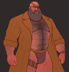 2023 abs bald bara barazoku beard blue_eyes body_hair brown_topwear chest_hair clock coat eye_patch eye_scar eyepatch eyewear facial_hair facial_scar hairy_arms hairy_chest hairy_legs hi_res holster knife knife_sheath legband male mr_nellory muscular muscular_male mustache narrowed_eyes pantsless pecs scar shirtless solo thick_thighs thong topwear trenchcoat underwear watch weapon wristwatch