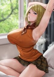 1girls armpit armpit_crease armpit_fetish armpit_focus armpit_peek armpit_play armpit_sweat armpits arms_up ashley_graham ashley_graham_(ella_freya) blonde_hair breasts capcom clothed dark_armpits female green_eyes huge_breasts indoors light-skinned_female light_skin long_hair looking_at_viewer medium_hair mute_(mute89539160) presenting_armpit presenting_armpits resident_evil resident_evil_4 short_skirt skirt sleeveless smelly_armpits steamy_armpits stretching sweaty sweaty_armpits tight_clothing