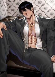 abs bulge bulge_through_clothing clothed clothed_male dark_hair dress_pants facial_scar hand_on_knee jujutsu_kaisen knee_up lip_scar looking_to_the_side male manspreading muscular_male necklace open_shirt open_suit pectoral_bulge scar shirt sitting sitting_on_couch solo solo_male suit suyohara toji_fushiguro wallpaper_(decoration) white_shirt