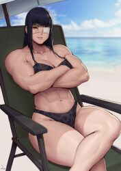 1girls abs absurd_res bare_shoulders beach bikini black_bikini black_hair blurry_background breasts collarbone crossed_arms eyepatch hi_res jormungand large_breasts looking_at_viewer medical_eyepatch muscular muscular_arms muscular_female navel outdoors parted_lips signature sitting smile sofia_valmer solo speedl00ver sweat swimsuit thick_thighs yellow_eyes