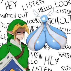 anthro bad_anatomy ball_with_hyper_features big_breasts breasts_bigger_than_head clothed female funny huge_breasts inner_sideboob link link_(ocarina_of_time) navi nintendo no_bra ocarina_of_time senior_garabato sideboob the_legend_of_zelda