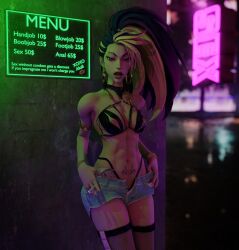 3d 3dcg akali blender breasts cigarette female fishnets k/da_all_out_akali k/da_all_out_series league_of_legends looking_at_viewer money piercing prostitution smoking