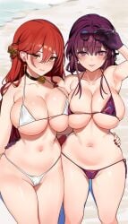 2girls beach big_breasts bikini blush choker curvy earrings eyewear_on_head female female_only glasses glasses_on_head gloves hair_ornament himeko_(honkai:_star_rail) honkai:_star_rail huge_breasts kafka_(honkai:_star_rail) large_breasts looking_at_viewer navel ndgd orange_eyes purple_eyes purple_hair red_hair swimsuit thick thick_thighs thighs voluptuous