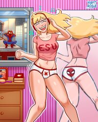 aged_up blonde_hair dancing gwen_stacy gwen_stacy_(classic) headphones marvel marvel_comics misfitrogue242 open_mouth open_window peter_parker spider-man spider-man_(series) straight the_spectacular_spider-man