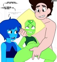 1boy 2girls alien_girl alternate_version_available blue_body blue_hair bottomless cartoon_network dsmnup eyes_rolling_back fingering fucked_senseless gem_(species) green_body lapis_lazuli_(steven_universe) looking_pleasured male/female peridot_(steven_universe) steven_quartz_universe steven_universe vaginal_fingering yellow_hair