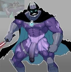 1boy abs angry angry_face balls bara_tiddies bara_tits biceps big_pecs big_penis bodysuit cape cloak clothed clothed_male clothing dark_laser darkened_genitalia darkened_glans darkened_penis flaccid flaccid_penis gay genitals glans gloves glowing glowing_eyes handwear hi_res holding_lightsaber humanoid large_penis light_saber male male_only masked masked_male muscular muscular_arms muscular_humanoid muscular_male muscular_thighs muto20002 navel nickelodeon pecs penis purple_body purple_penis ripped_clothes ripped_clothing serratus serratus_anterior shinguards simple_background standing testicles the_fairly_oddparents v-line vein veiny_penis