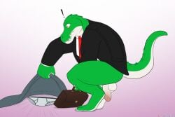 alligator alligatorid anthro balls black_clothing black_topwear bottomless bottomless_anthro bottomless_male briefcase briefs business_suit clothed clothing cregon crocodile crocodilian crocodylid discarded_clothing exclamation_point flat_colors genitals green_body hi_res humanoid_genitalia humanoid_penis male multicolored_body necktie patreon patreon_logo patreon_username penis red_necktie reptile scalie simple_background solo spelunker_sal suit teeth teeth_showing topwear two_tone_body underwear white_body yellow_eyes