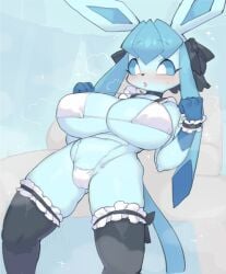 anthro anthrofied blue_eyes blue_fur blush eeveelution esokir glaceon huge_breasts pokémon_(species) pokemon pokemon_dppt rikose solo_female thighs voluptuous white_bra white_panties