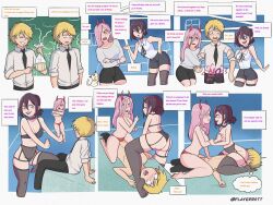 1boy 1girls 2girls argument chains chainsaw_man choker comic competition cunnilingus cute denji_(chainsaw_man) dialogue facesitting fringe green_eyes grinding horns licking_anus licking_ass lingerie mappa oral petite pink_hair playerrott power_(chainsaw_man) purple_hair reverse_spitroast reze_(chainsaw_man) spanish_text straddling teenager text threesome tied_hair translated