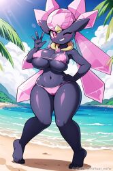 ai_generated anthro barefoot beach big_breasts bursting_breasts cameltoe crystal dark_skin diancie feet hand_on_hip huge_breasts knock-kneed outside pink_bikini pink_eyes pokemon pokemon_(species) self_upload shiny_skin smile solo_female swimsuit thick_thighs thong thong_bikini twitter_username virtuai waving_at_viewer wide_hips wink winking_at_viewer