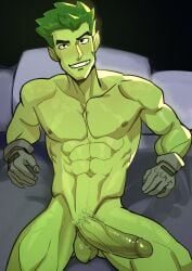 1boy abs aged_up balls beast_boy big_penis boner dc dc_comics erection garfield_logan gay gay_male gloves gloves_only green_body green_hair green_penis kaito_draws looking_up lying_on_back lying_on_bed male male_only muscular_arms muscular_male nude pecs penis pubic_hair serratus serratus_anterior solo teen_titans testicles uncensored v-line yaoi