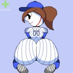 1girls ass ass_focus baseball_cap baseball_uniform big_ass big_butt brown_hair cap clothed clothing dat_ass female female_only looking_back mascot mrs._met pixel_art ponytail simple_background solo solo_female sports_uniform tagme uniform zitsunishi