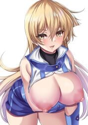 1girls alexis_rhodes arm_under_breasts bare_shoulders bent_over big_breasts blonde_hair blue_skirt breast_hold breasts breasts_out cowboy_shot duel_academy_uniform_(yu-gi-oh!_gx) erect_nipples gloves hair_between_eyes hanging_breasts large_breasts long_hair messy_hair miniskirt nipples no_bra open_mouth parapetto pink_nipples simple_background skirt sleeveless smile solo tenjouin_asuka topless turtleneck very_long_hair white_background yellow_eyes yu-gi-oh! yu-gi-oh!_gx