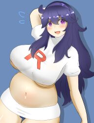 big_breasts blue_background blue_hair blush breasts chubby corruption doors_drop game_freak headband hex_maniac huge_breasts midriff nervous nervous_smile nintendo open_mouth plump pokemon pokemon_xy purple_eyes solo team_rocket team_rocket_uniform