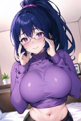 1girls ai_generated blush breasts clothed female glasses huge_breasts indoors light-skinned_female light_skin long_hair midriff original original_character purple_eyes purple_hair stable_diffusion stuffyai