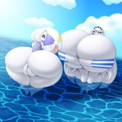 2girls ass_bigger_than_head ass_size_difference ass_vs_breasts beach beach_ball big_ass big_breasts bikini black_sclera boob_window bottom_heavy breast_size_difference breasts_bigger_than_head eldritch eldritch_horror fat_ass fat_mons female female_only hi_res highres hyper_ass hyper_breasts inyx_(metaskei) kyra_(metaskei) looking_at_viewer metaskei multiple_girls overflowing_ass overflowing_breasts pale_skin presenting_hindquarters puffy_pussy shorter_female shortstack sisters swimsuit taller_female thick_thighs tight_clothing top_heavy underboob water