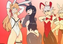 1boy 3girls alisaie_leveilleur alphinaud_leveilleur armpits ass big_breasts black_hair blue_eyes blush breasts bunny_ears bunny_tail bunnysuit condom elezen eyebrows_visible_through_hair final_fantasy final_fantasy_xiv from_behind gaia_(ffxiv) hair_ribbon inkeranon long_hair open_mouth orange_hair pasties reverse_bunnysuit ryne_waters small_breasts smile smiling square_enix white_hair