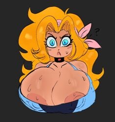 angry_face blonde_hair blue_eyes bursting_breasts cat_eyes determined emily_(lemonadepikachu) kerchief lemonadepikachu neck_collar nipple_bulge nipple_slip original_character piercing_eyes royalty sweaty_breasts sweaty_face visible_nipples