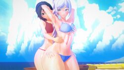 2girls 3d female female_only girls_only multiple_girls red_bikini red_hair ruby_rose rwby stormstriker weiss_schnee white_hair yuri