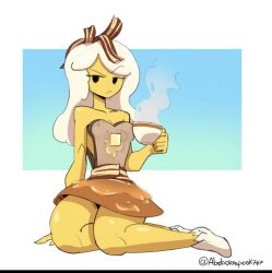 1girls adventure_time annoyed artist_request breakfast_princess coffee food_creature looking_at_viewer solo thick_thighs yellow_body