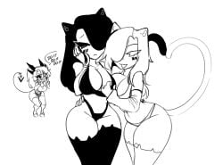 2023 3girls :< :3 animal_ears bikini black_bikini black_eyes black_hair borrowed_character cat_ears cat_tail catgirl chloe_(cizerna) cizerna cleavage demon_girl demon_tail elbow_gloves english_text facial_markings female female_only fingerless_gloves hair_over_one_eye hand_on_face heterochromia horns long_gloves navel open_mouth original standing tail text thick_thighs thighs white_bikini white_eyes white_hair